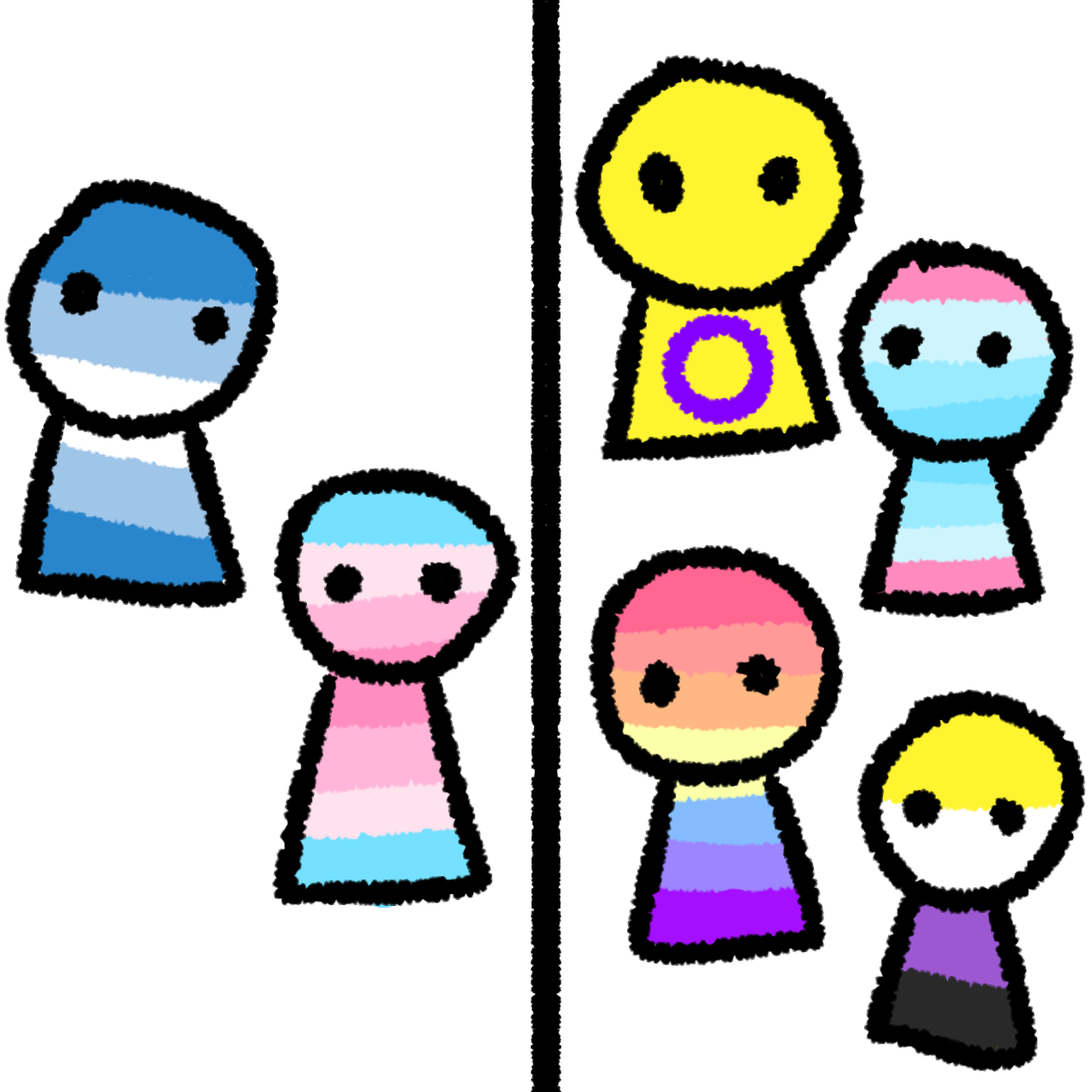 a black vertical line in the middle. On the left of the line is a person with the cis masc flag and a person with the transfem flag. On the right of the line are four people, one with the intersex flag, one  with the transmasc flag, one with the xenogender flag, and one with the nonbinary flag.